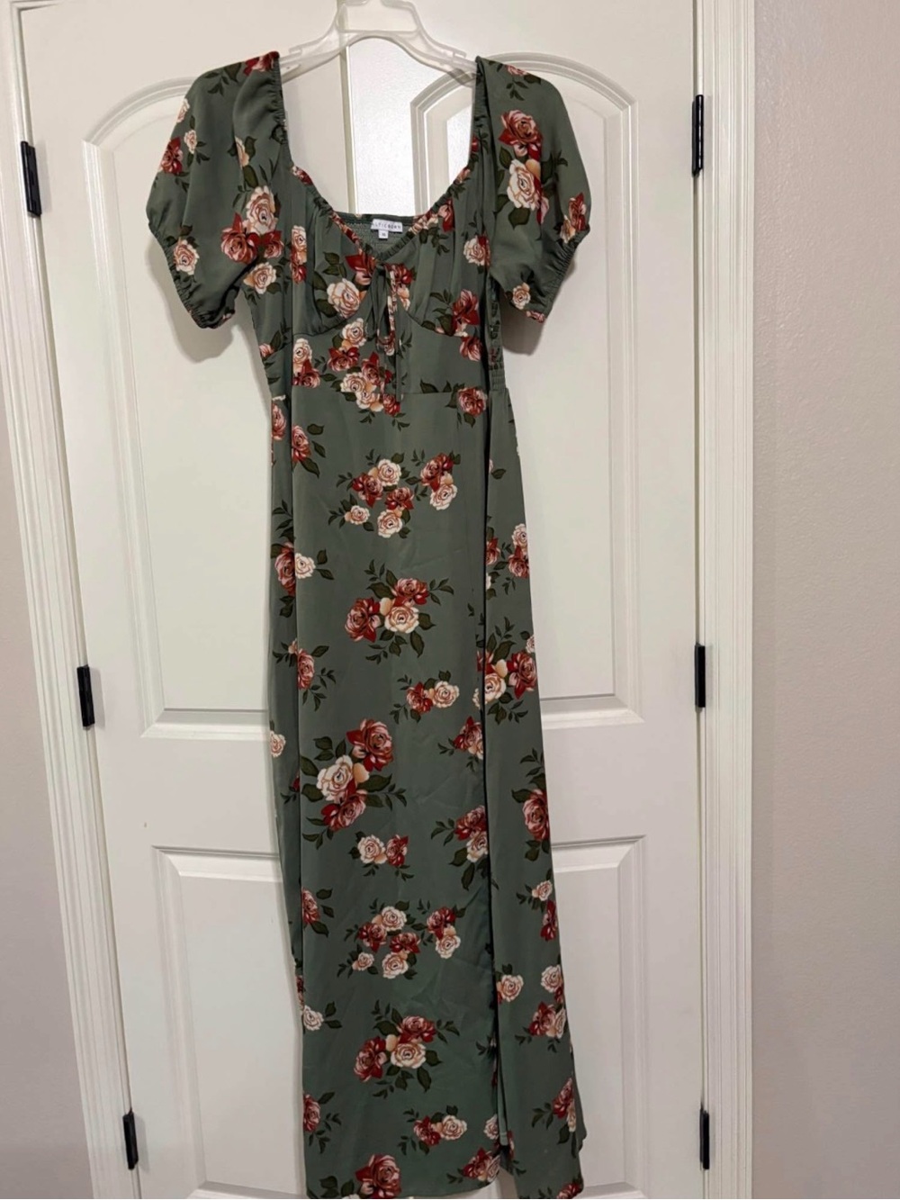 Baltic Born Olive Green Floral Maxi Dress with Puff Sleeves